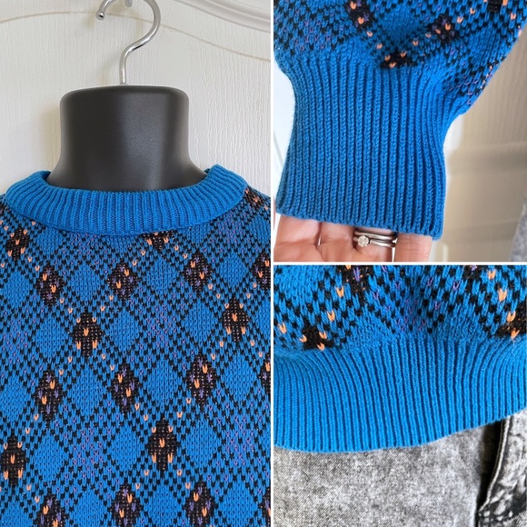 EUC vintage GITANO Sportswear 1990s cotton crewneck dad sweater, blue w/ pattern - Picture 3 of 14